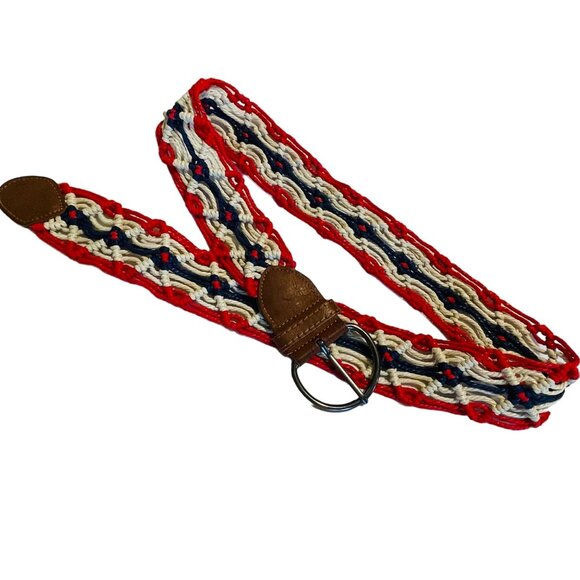 Unbranded Accessories - Vintage Woven Belt W/ Faux Leather Accents & D-Ring Buckle - Red White Blue - Si